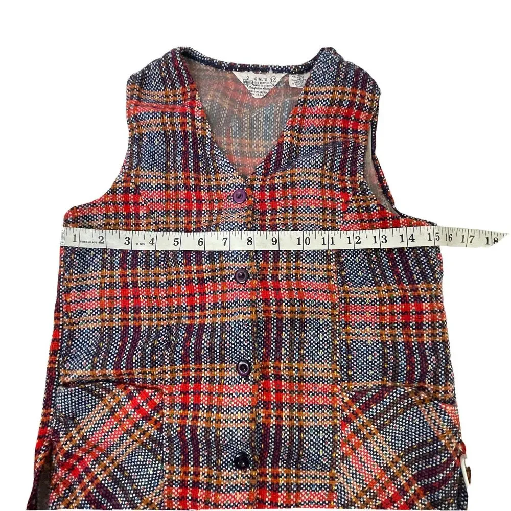 Vtg KMart 70's Girls Pants Suit Vest flare bottoms Costume Blue Red Plaid Hippie